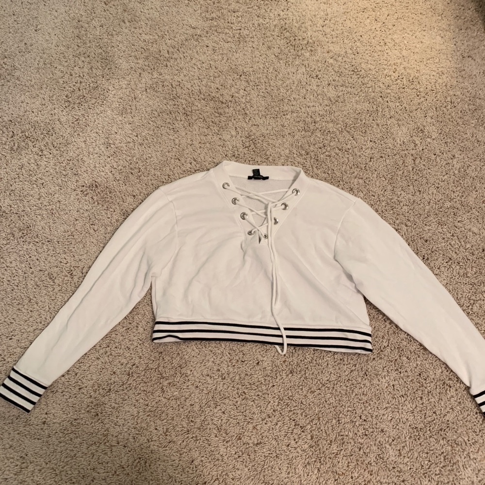 Forever 21 White Cropped Lace Up Sweatshirt